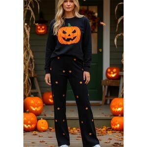 VTG 90s Velour Halloween Pants Embroidered Pumpkins Jack-O-Lanterns Teacher 12